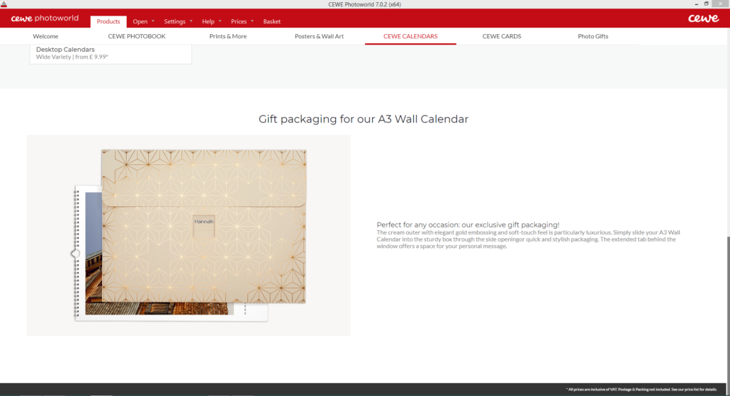 Screenshot CEWE Photoworld A3 calendar gold packaging feature