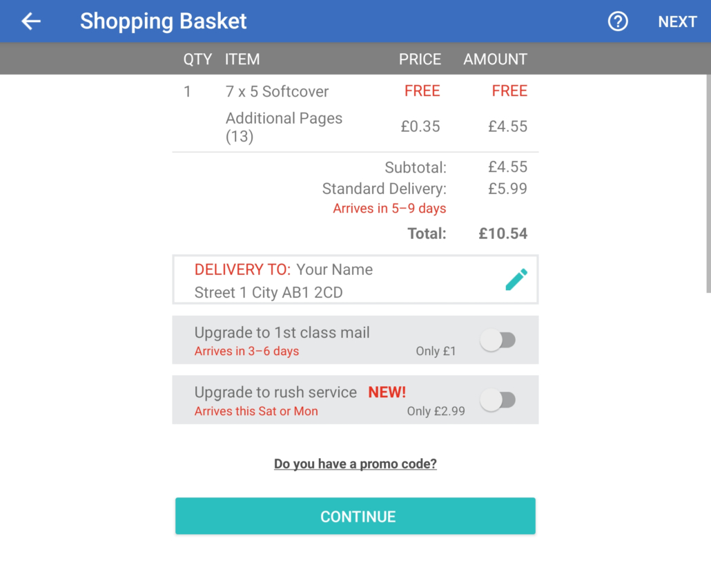 Screenshot of basket in the FreePrints Photobooks app showing prices for add-ons, additional pages, and delivery charges