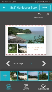 Individual page design of a holiday photo book in the Snapfish app with a photo and text layout