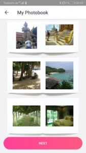 Overview of pages of a photo book in progress with the LALALAB app