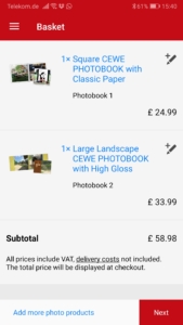 Screenshot of two photo books in the cart of the CEWE photoworld app