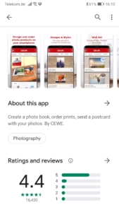 Screenshot of Google Play showing the rating and some app screenshots