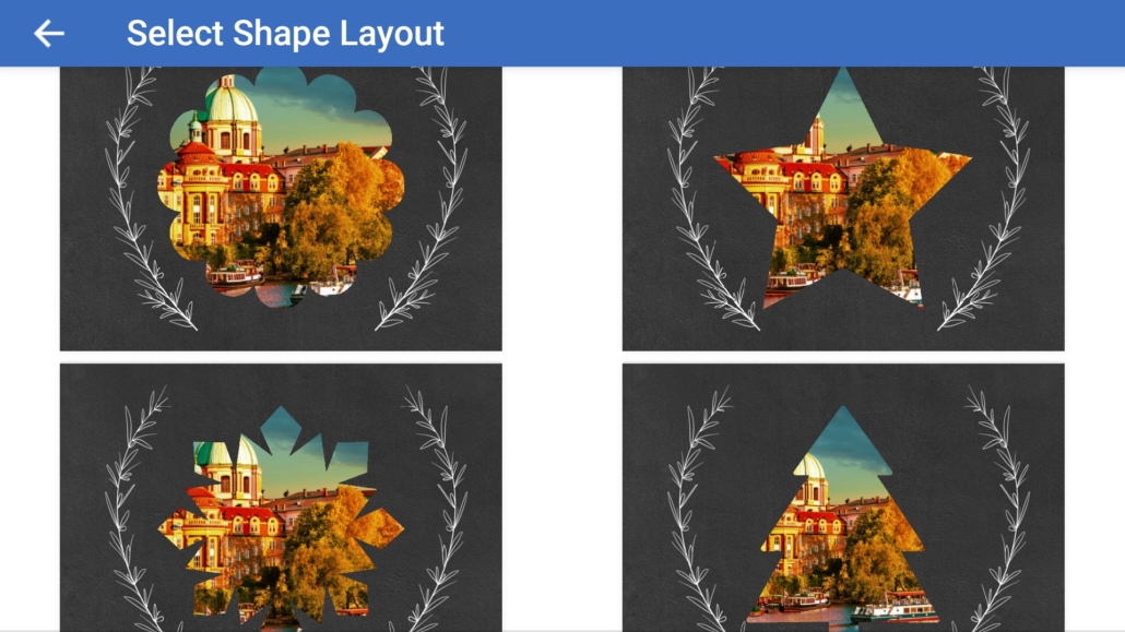 Screenshot of some of the available shapes for photos in the FreePrints Photobooks app