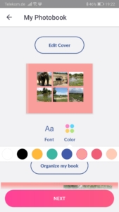 Screenshot of the app LALALAB showing the colours available for adding backgrounds to a photo book