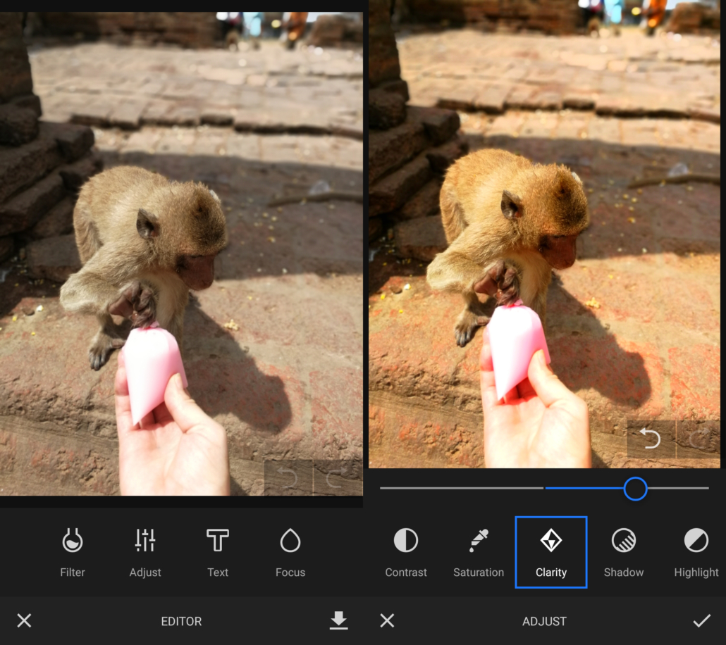 Screenshots of before and after photo editing in the LALALAB app