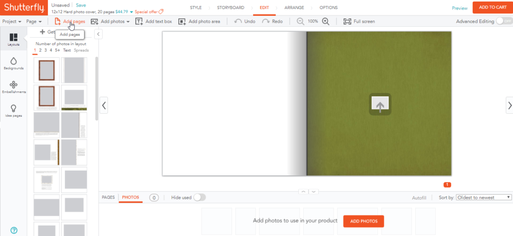 Shutterfly photo book adding pages