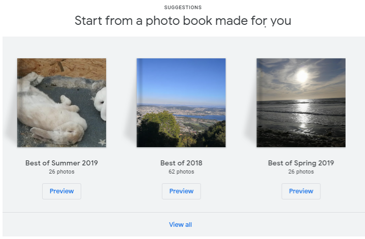 Suggested photo books in Google photo book