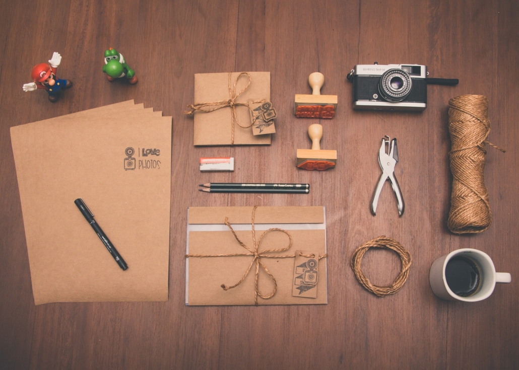 Photography items on a brown table