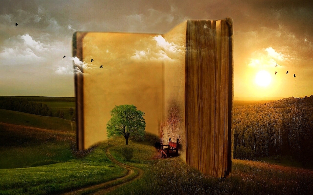 Giant book fused with a landscape