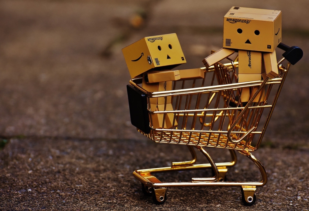 Amazon Danbo figures holding hands standing in a shopping cart