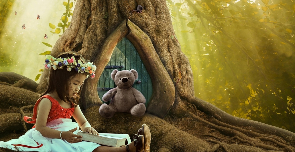 A litte girl reading a book in a fantasy forest with her teddy bear