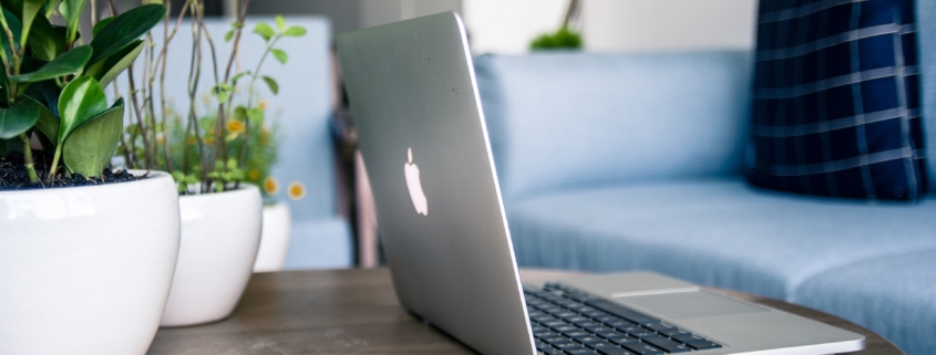 A Macbook and an iPhone on a table with potted plants